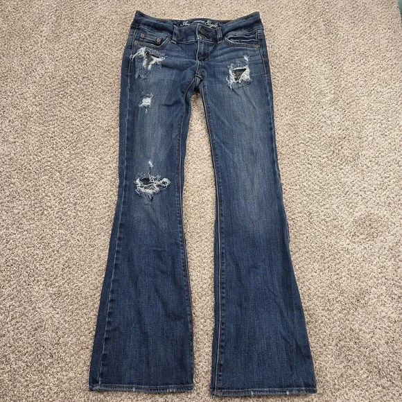 American Eagle Artist Flare Denim Jeans Low Rise Double Button 4 REG Distressed - Picture 2 of 7